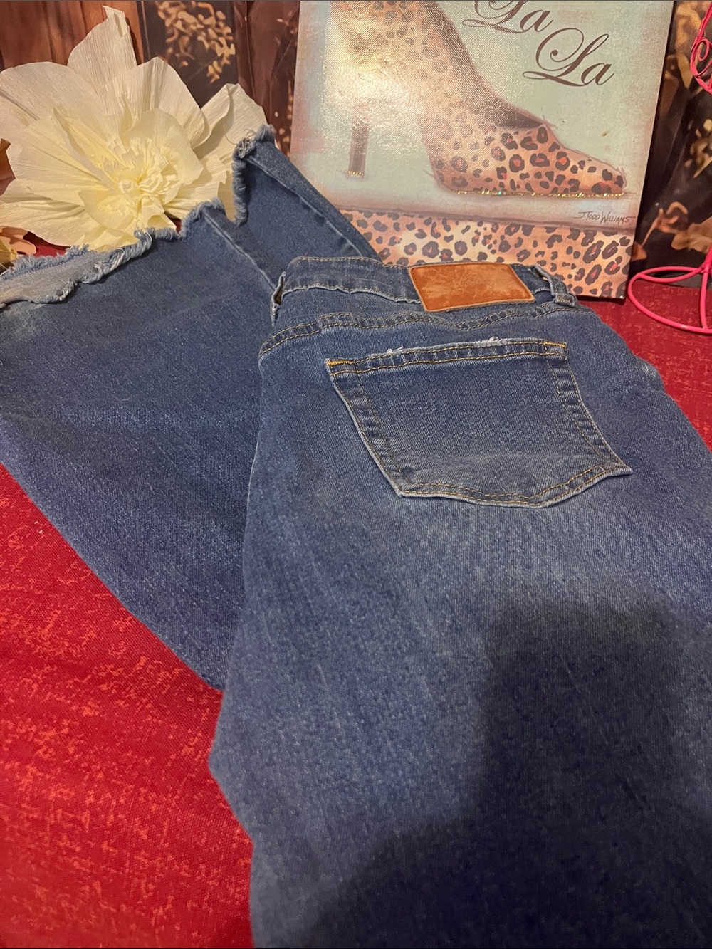 High-Rise Dark Blue Flare Jeans with Frayed Hem